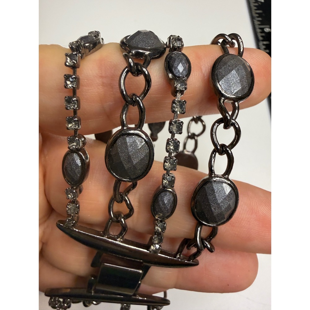 Gunmetal Multi Strand Rhinestone Chain Link Bracelet Grey Faceted Stone Clasp